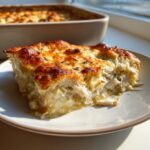 A thick slice of baked hot crab dip with shredded crab meat and a golden, bubbly cheese crust, served on a white plate.