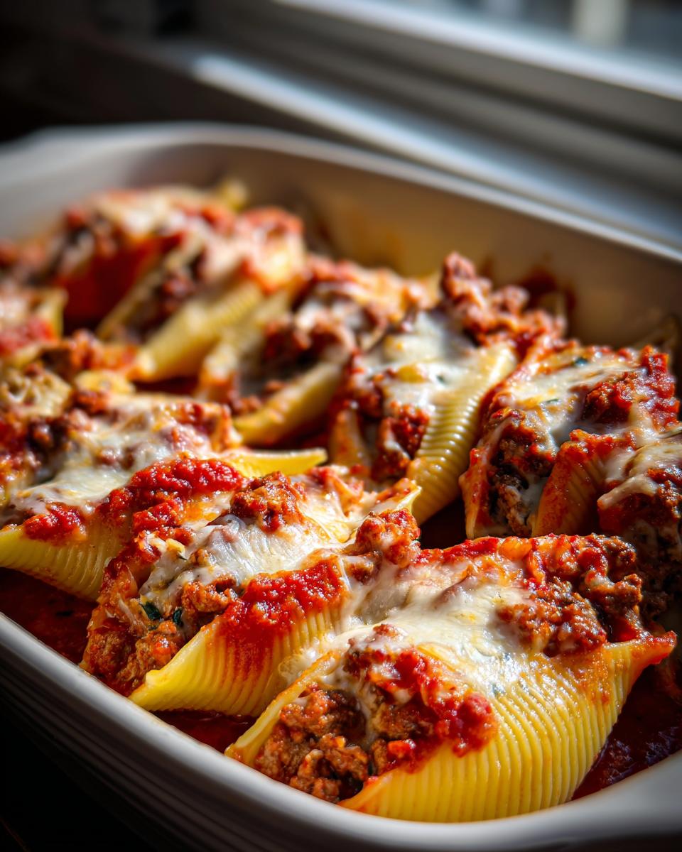 Close-up of baked stuffed shells filled with meat, covered in marinara sauce and melted mozzarella cheese.