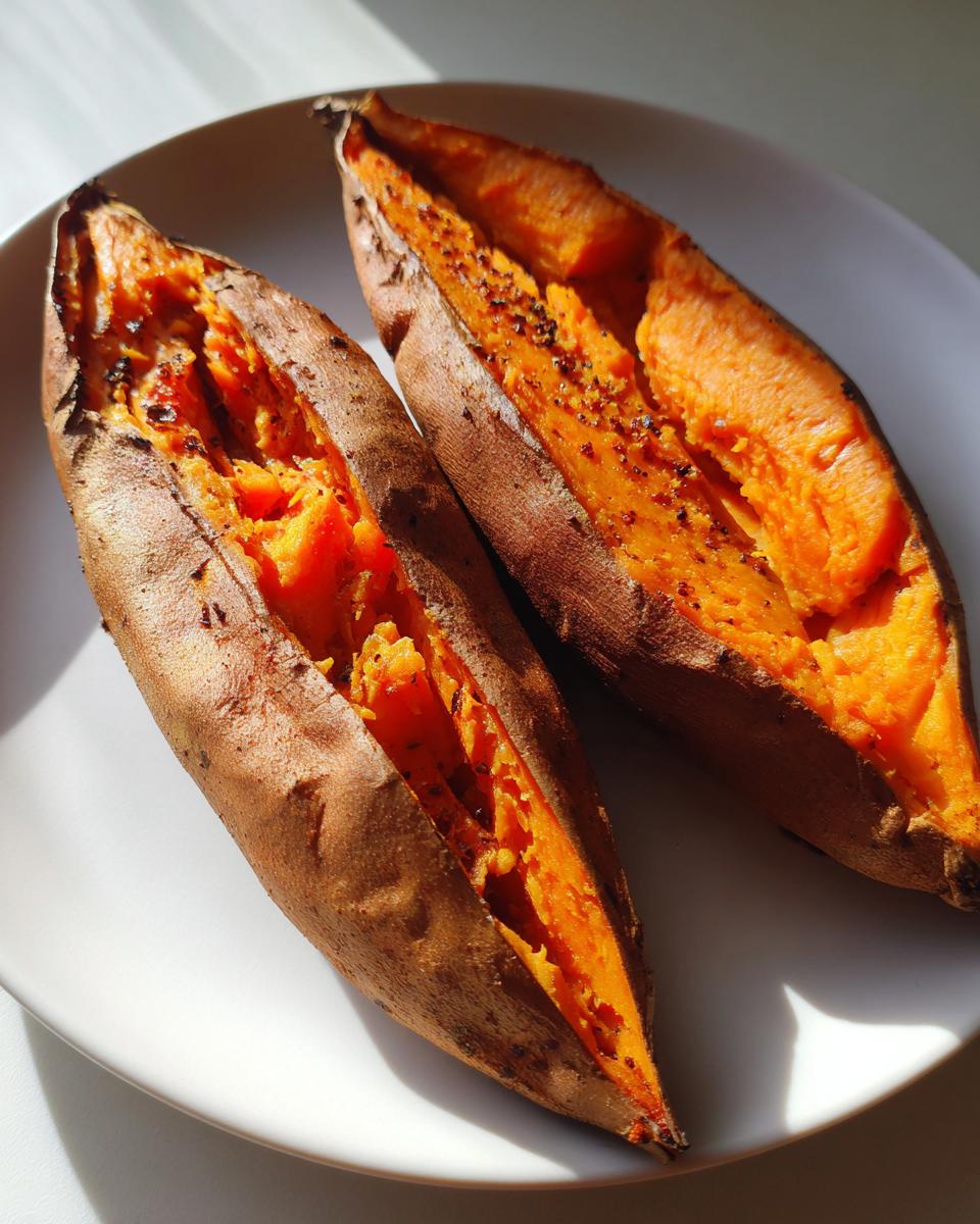Two halves of a perfectly baked sweet potato showing bright orange, fluffy interior seasoned with spices.