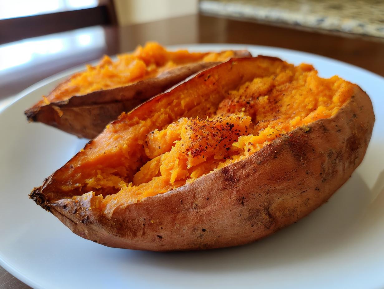Close-up of two halves of a baked sweet potato, showing the fluffy orange interior seasoned with spices.