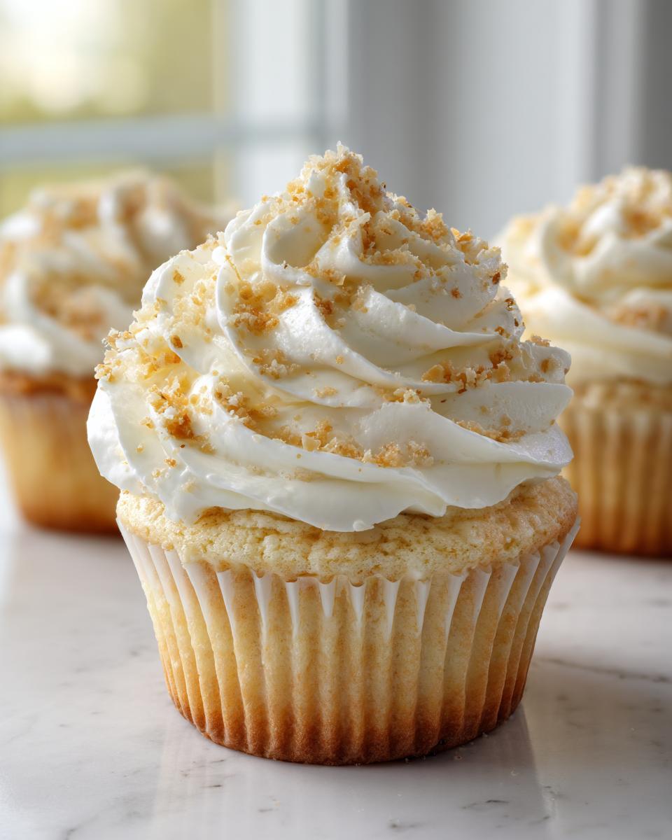 A close-up of one amazing banana pudding cupcake topped with white frosting and crushed wafer crumbs.