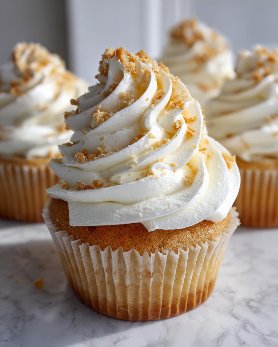 A close-up of a perfectly frosted banana pudding cupcakes topped with crumbled vanilla wafers.