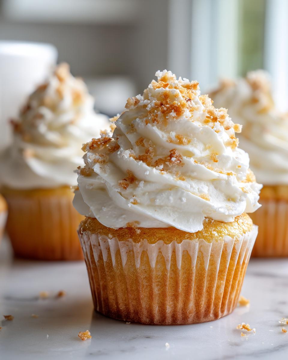 A close-up of one perfectly frosted banana pudding cupcake topped with vanilla cream and crushed wafer crumbs.