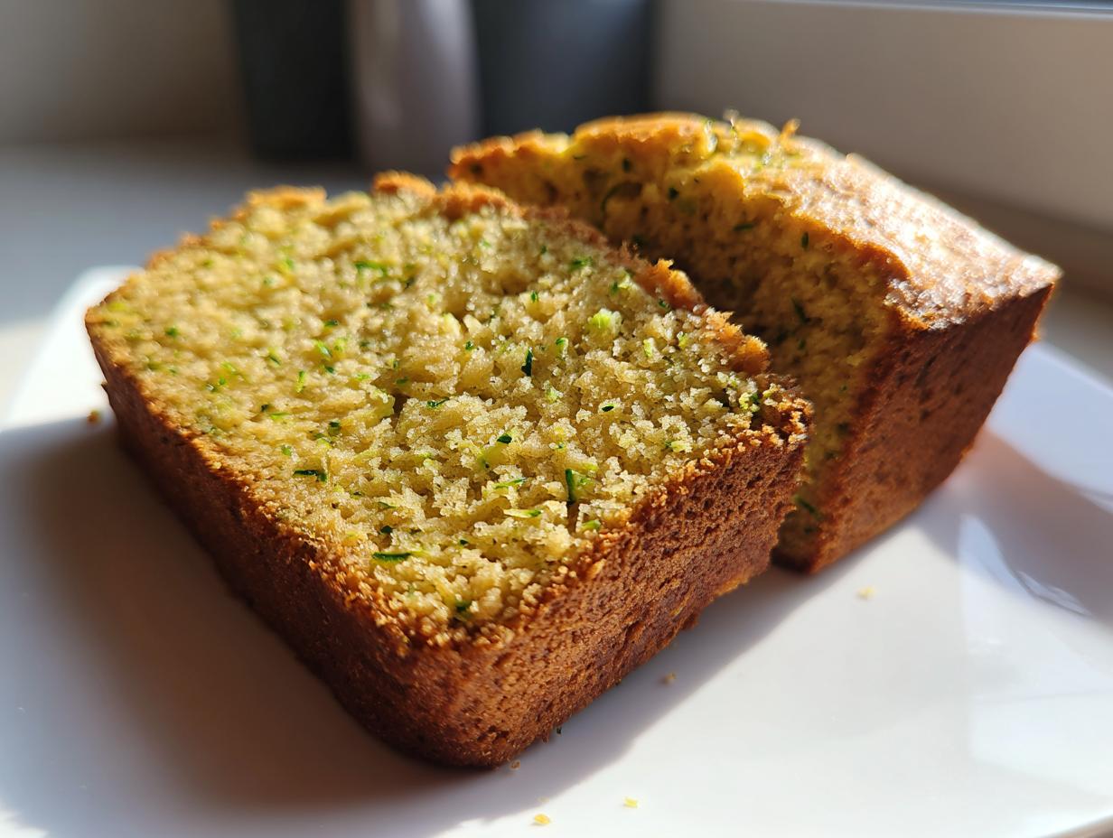 Two thick slices of moist banana zucchini bread showing flecks of green zucchini on a white plate.