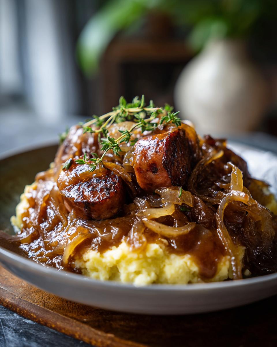 A hearty serving of bangers and mash topped with rich onion gravy and fresh thyme sprigs.