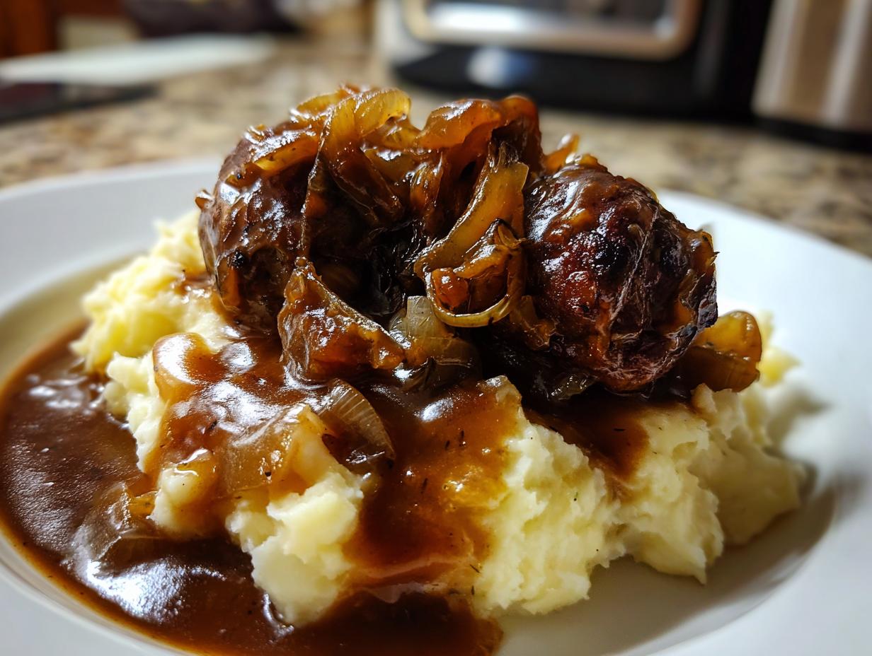 A close-up of classic bangers and mash featuring rich sausages topped with caramelized onions and brown gravy over creamy mashed potatoes.
