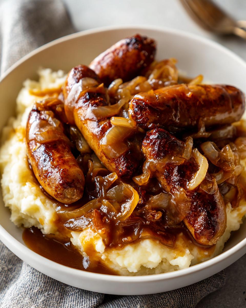 A close-up of rich bangers and mash topped with caramelized onions and brown gravy in a white bowl.