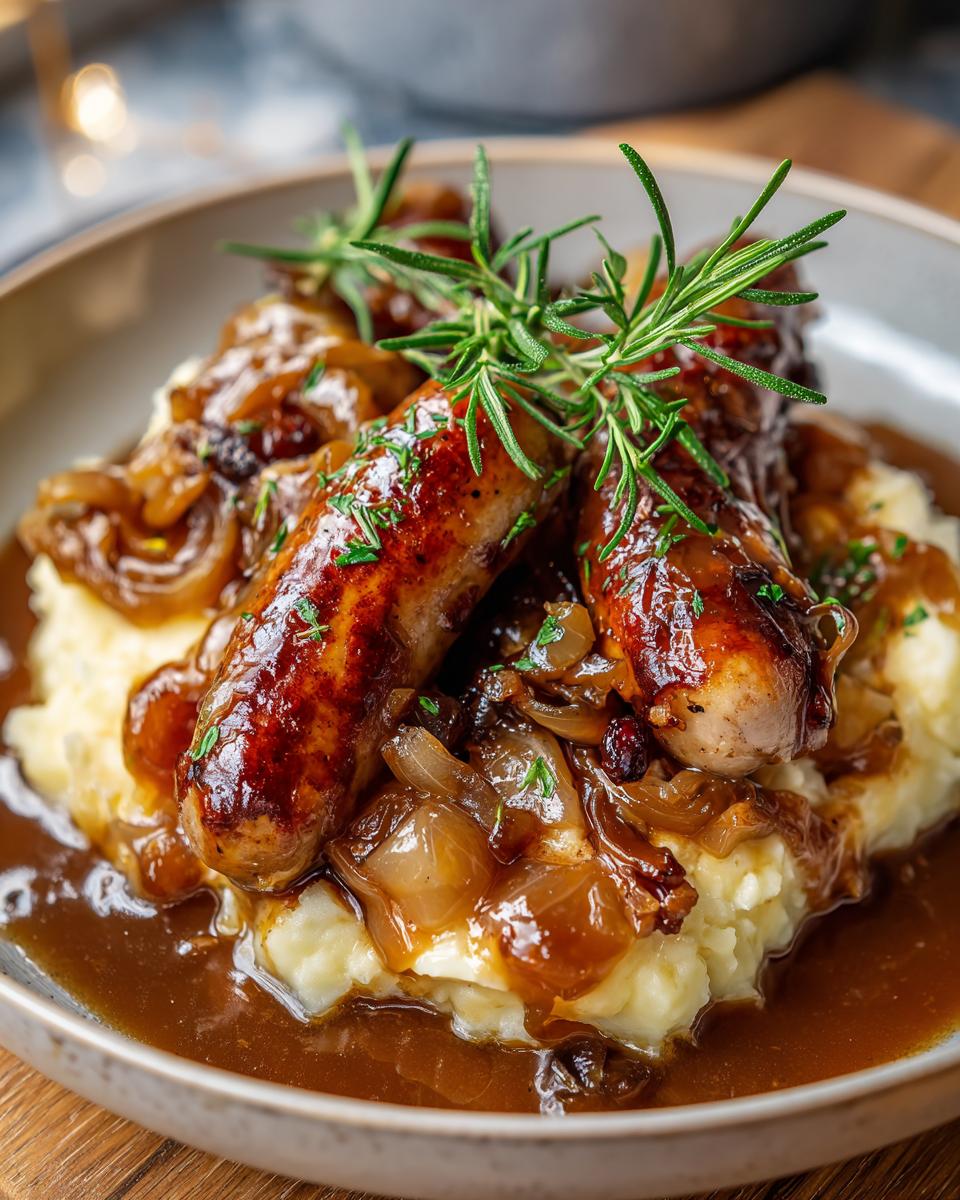 Close-up of perfectly cooked bangers and mash topped with caramelized onions and rich gravy, garnished with rosemary.
