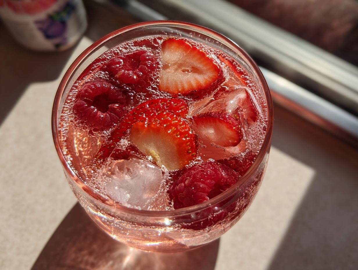 Close-up overhead view of a glass filled with pink champagne punch, ice cubes, sliced strawberries, and whole raspberries.