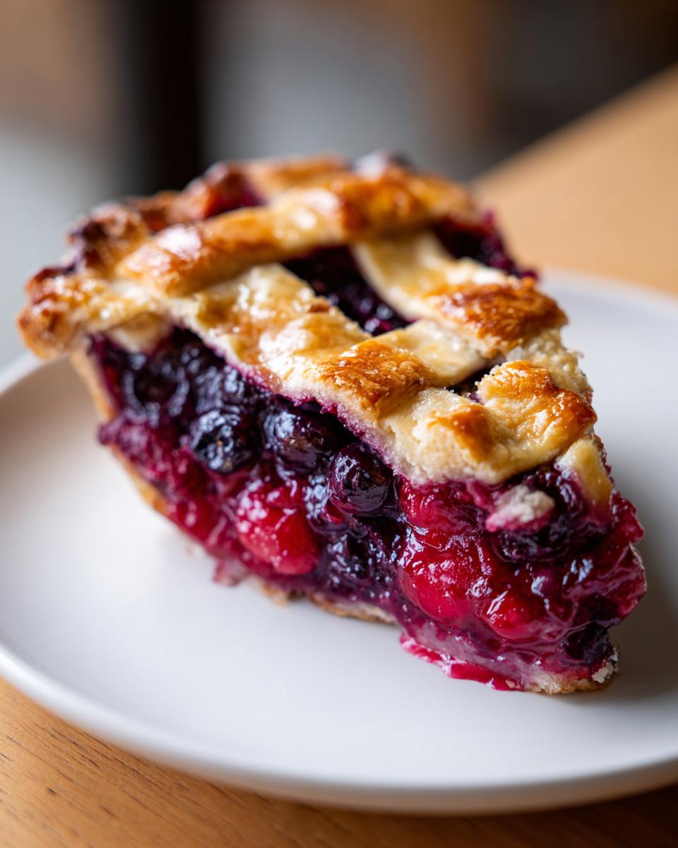 Close-up of a juicy slice of berry pie featuring a golden lattice crust and rich, dark fruit filling.