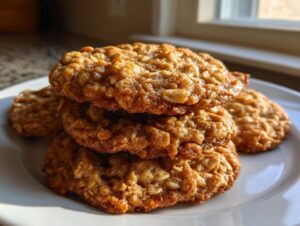 A stack of three golden brown, chewy oatmeal cookies, with more cookies visible in the background, lit by natural light.