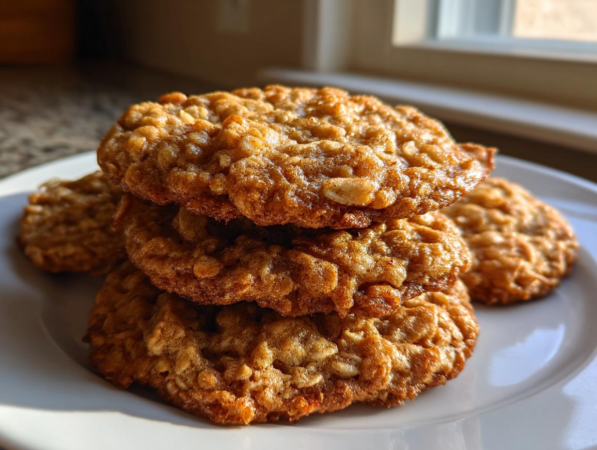 A stack of three golden brown, chewy oatmeal cookies, with more cookies visible in the background, lit by natural light.