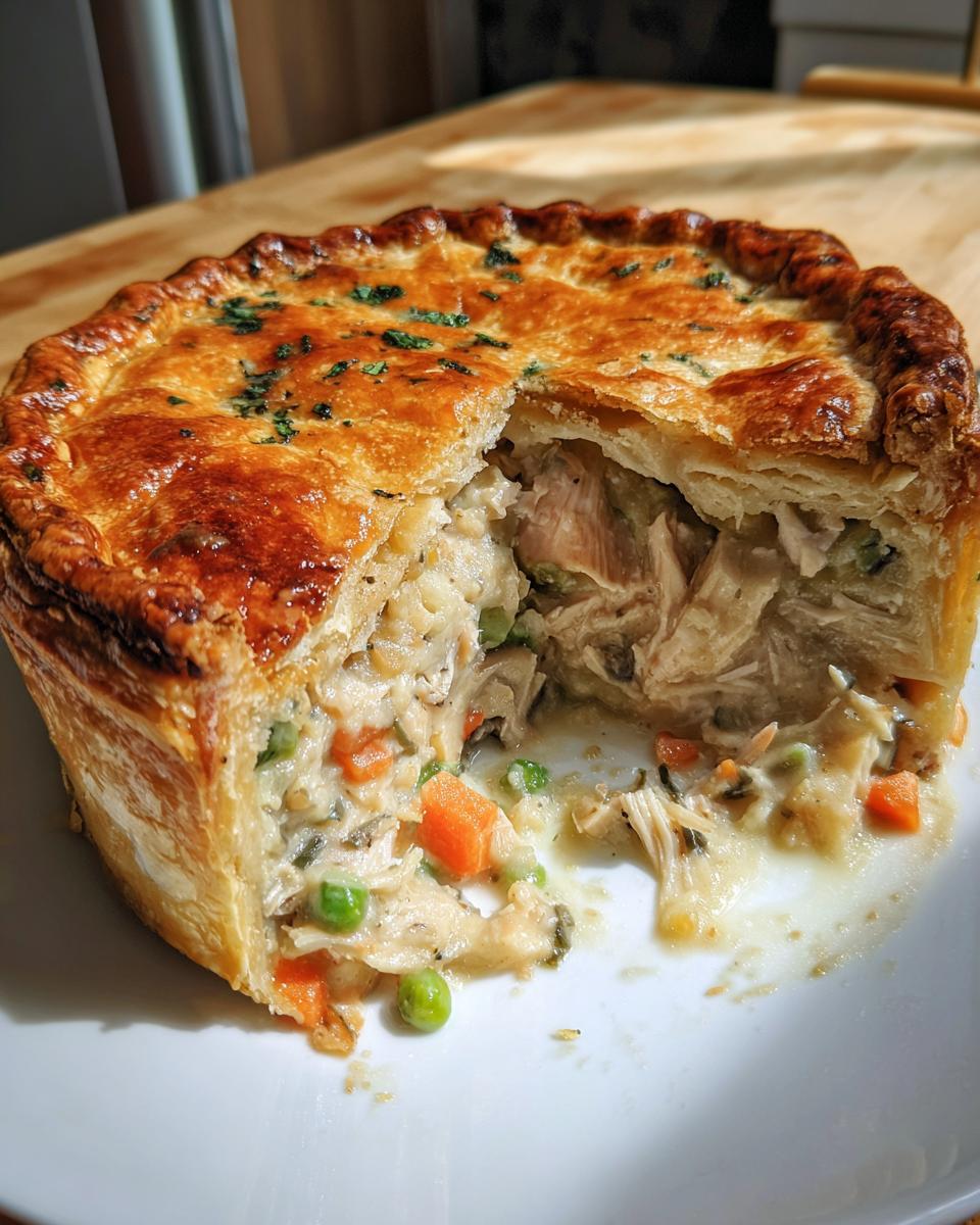 A golden-brown, flaky crust of a single-serving turkey pot pie recipe with a slice removed, revealing creamy filling.