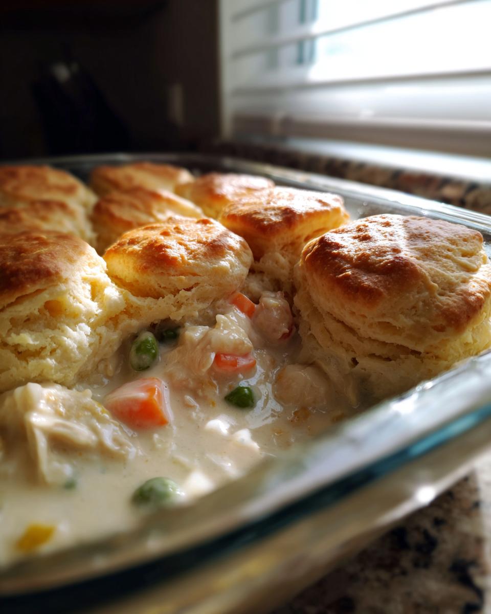 Close-up of a baked chicken pot pie casserole topped with golden, fluffy biscuits nestled in creamy filling.