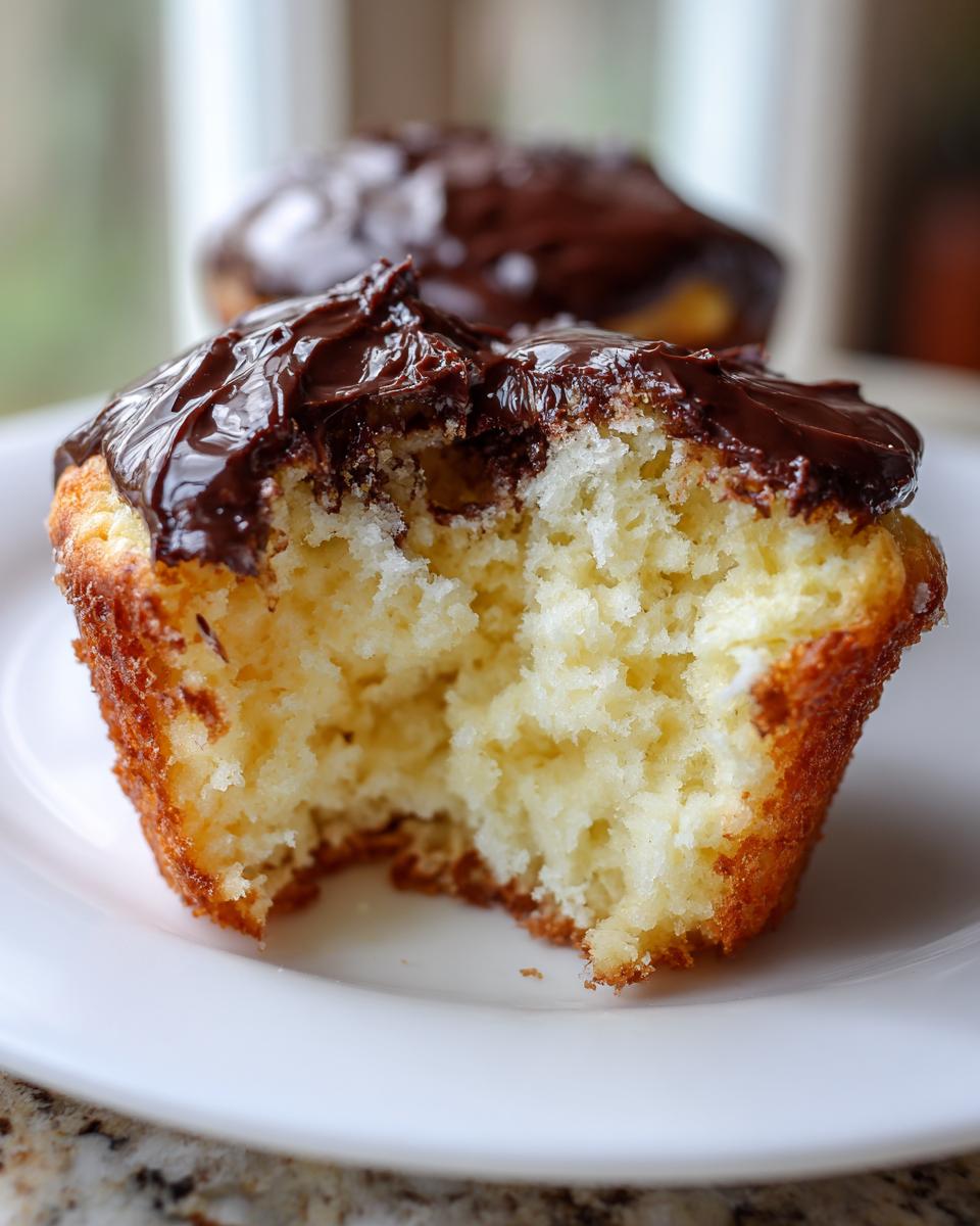 Close-up of a bitten Boston Cream Pie Cupcakes showing the light yellow cake interior and rich chocolate frosting.