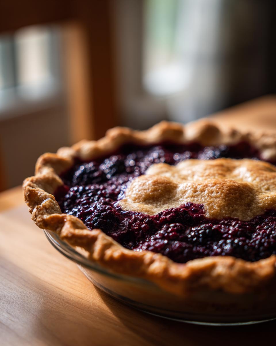 Close-up of a golden-crusted blackberry pie with bubbling, dark berry filling in a glass dish.
