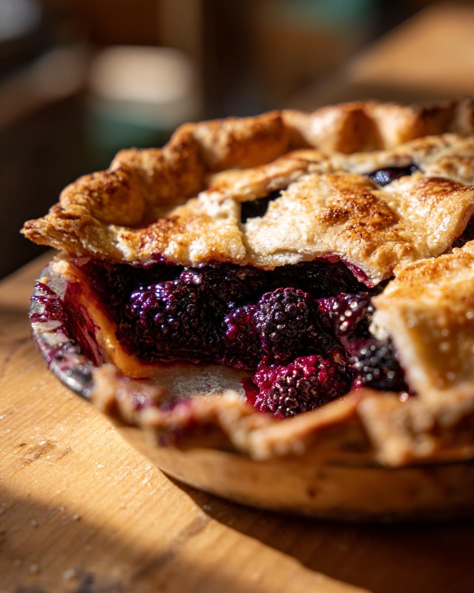 A close-up view of a slice missing from a freshly baked blackberry pie, showing the juicy, dark berry filling and flaky crust.