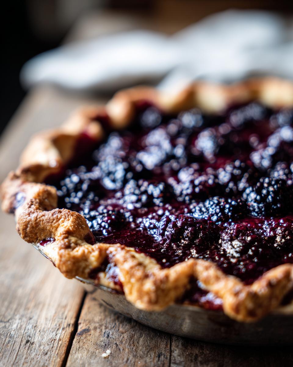 A close-up, shallow depth-of-field shot of a freshly baked blackberry pie showing the dark, glistening filling and golden, crimped crust.