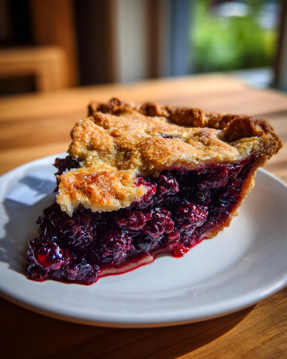 A close-up of a generous slice of blackberry pie showing the rich, dark berry filling and sugared, flaky crust.