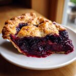 Close-up of a thick slice of blackberry pie showing rich, dark purple filling and a flaky, golden-brown crust.