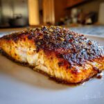 A close-up of a perfectly cooked blackened salmon fillet with a dark, spicy crust on a white plate.