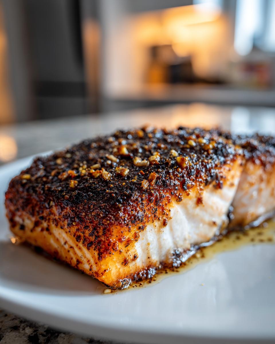 A close-up of a thick fillet of blackened salmon with a dark, heavily spiced crust resting in its juices on a white plate.