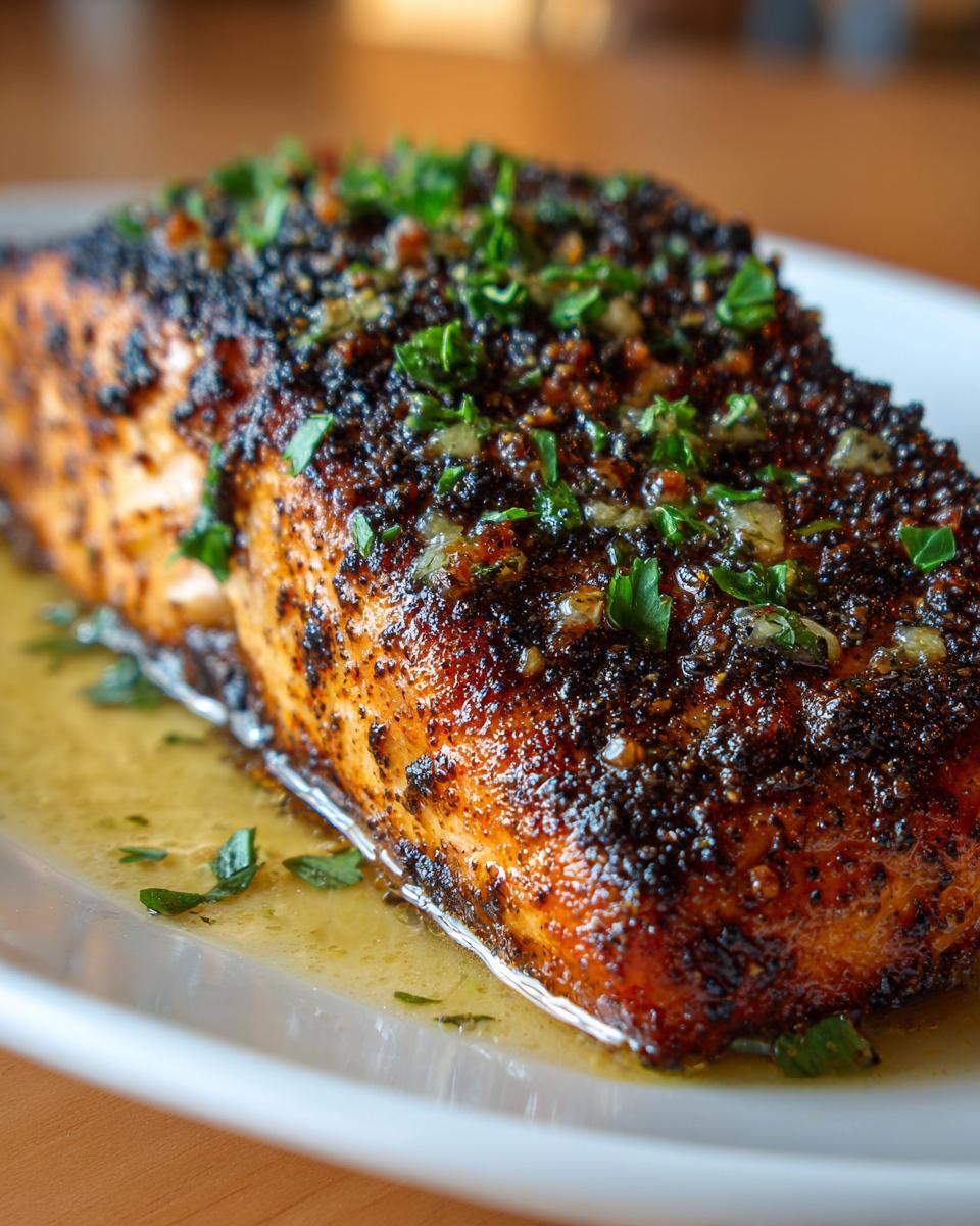 Close-up of a perfectly cooked blackened salmon fillet resting in butter sauce and topped with fresh parsley.