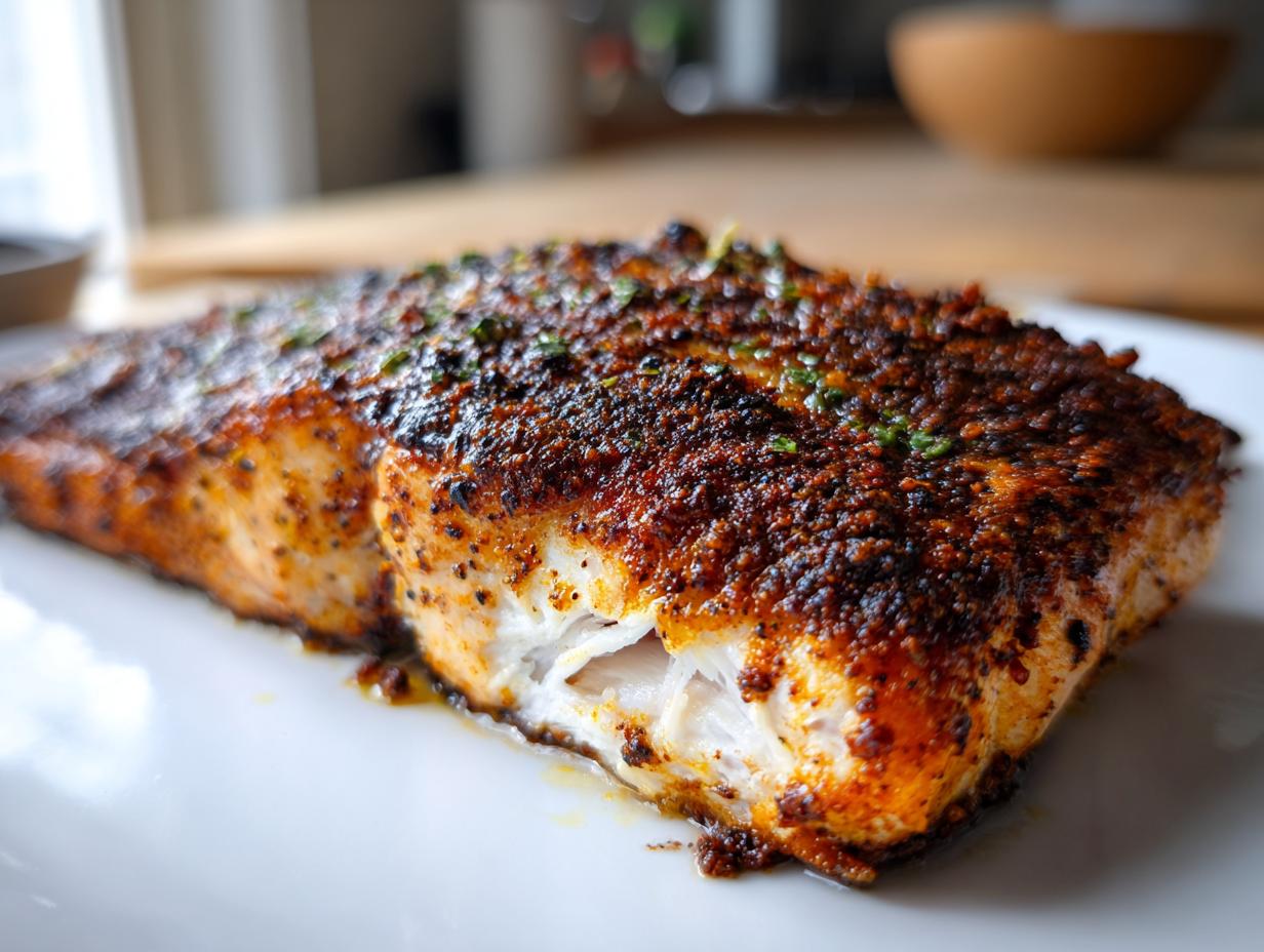 Close-up of a perfectly cooked piece of blackened salmon with a dark, spicy crust resting on a white plate.