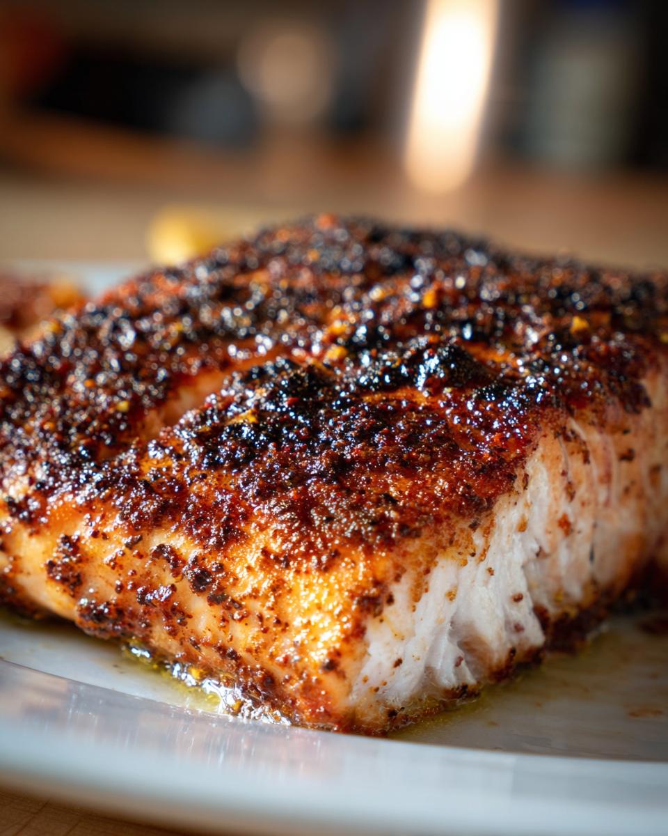 Close-up of a perfectly cooked piece of blackened salmon showing a dark, spicy crust and moist white flesh.
