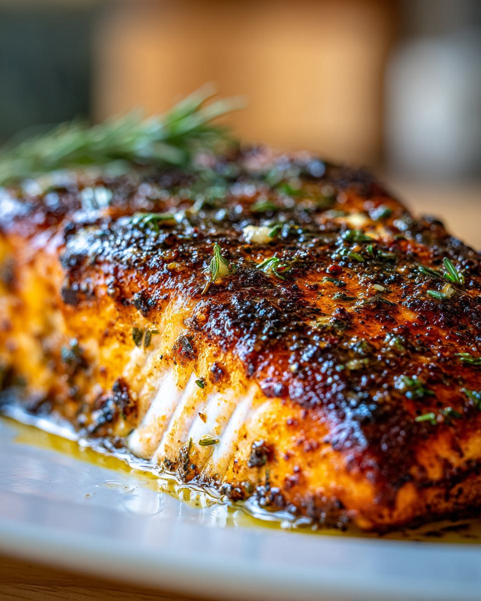 Close-up of a perfectly cooked blackened salmon fillet, glistening with spices and garnished with fresh rosemary.