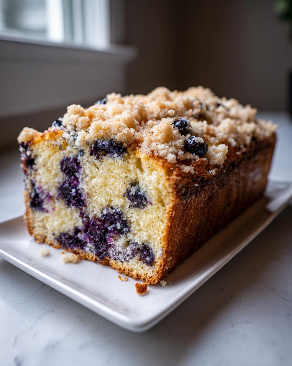 A close-up of a loaf of blueberry breakfast cake, showing the moist interior studded with blueberries and topped with a thick streusel crumb.