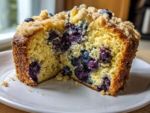 Close-up of a moist slice of blueberry breakfast cake showing a dense crumb and bursting blueberries, topped with streusel.