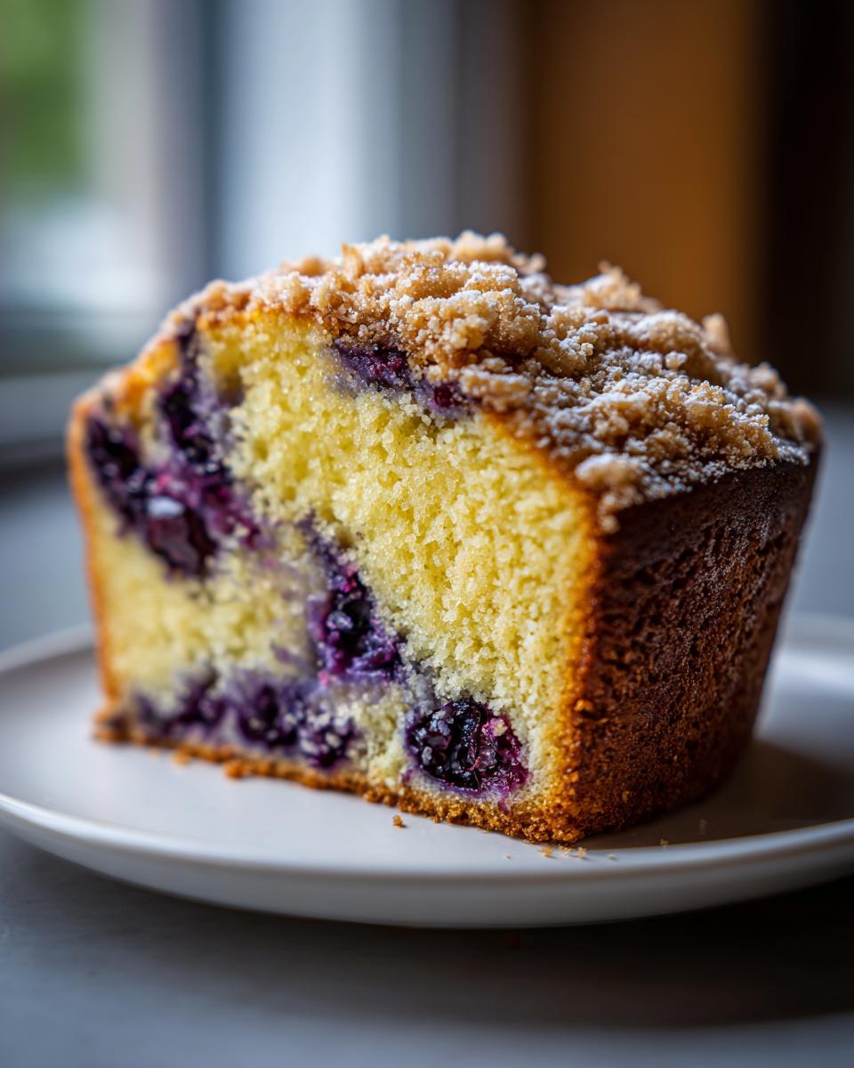 Close-up of a moist slice of blueberry breakfast cake featuring a golden crumb topping and visible blueberries.