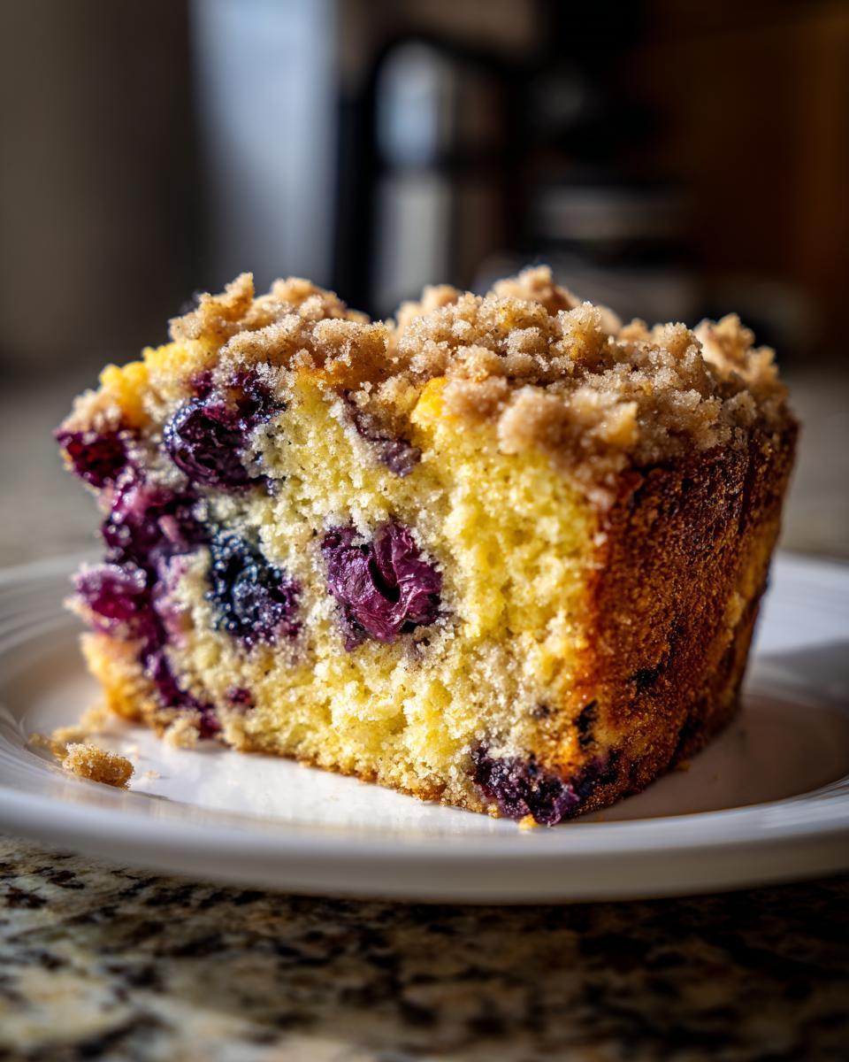 Close-up of a moist slice of blueberry breakfast cake featuring a golden crumb topping and visible blueberries.