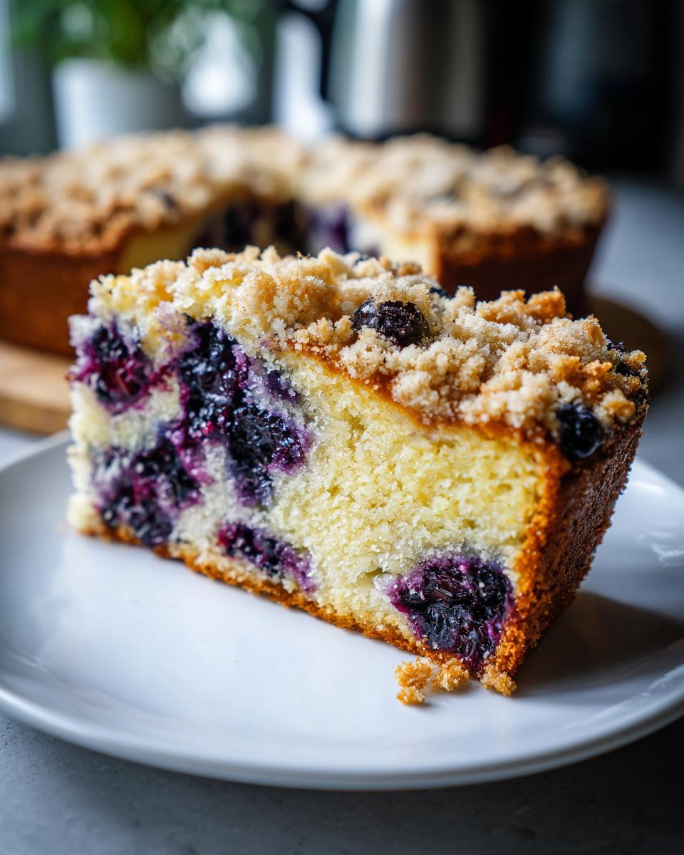 A close-up slice of moist blueberry breakfast cake topped with a generous layer of golden streusel crumbs.