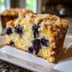 Close-up of a moist slice of blueberry breakfast cake topped with a thick layer of brown sugar streusel.