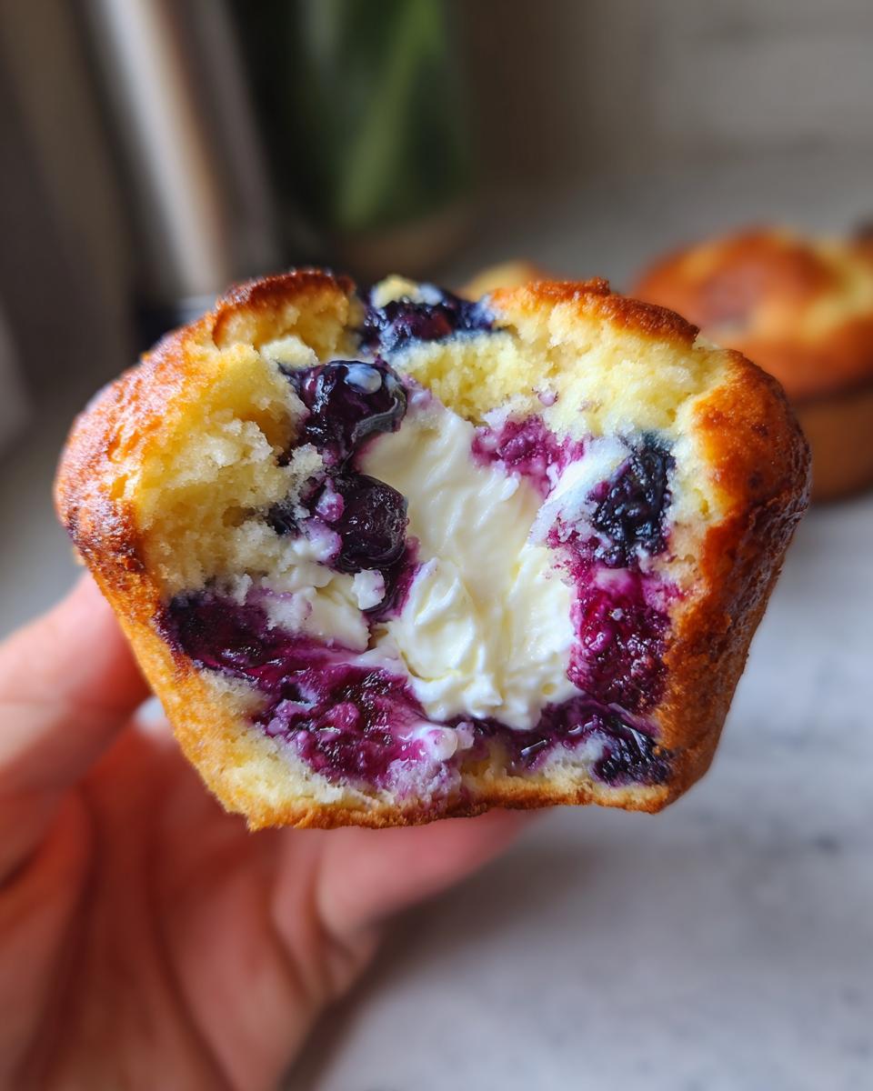 A hand holds a blueberry cream cheese muffins cut in half, revealing a rich cream cheese center and burst blueberries.
