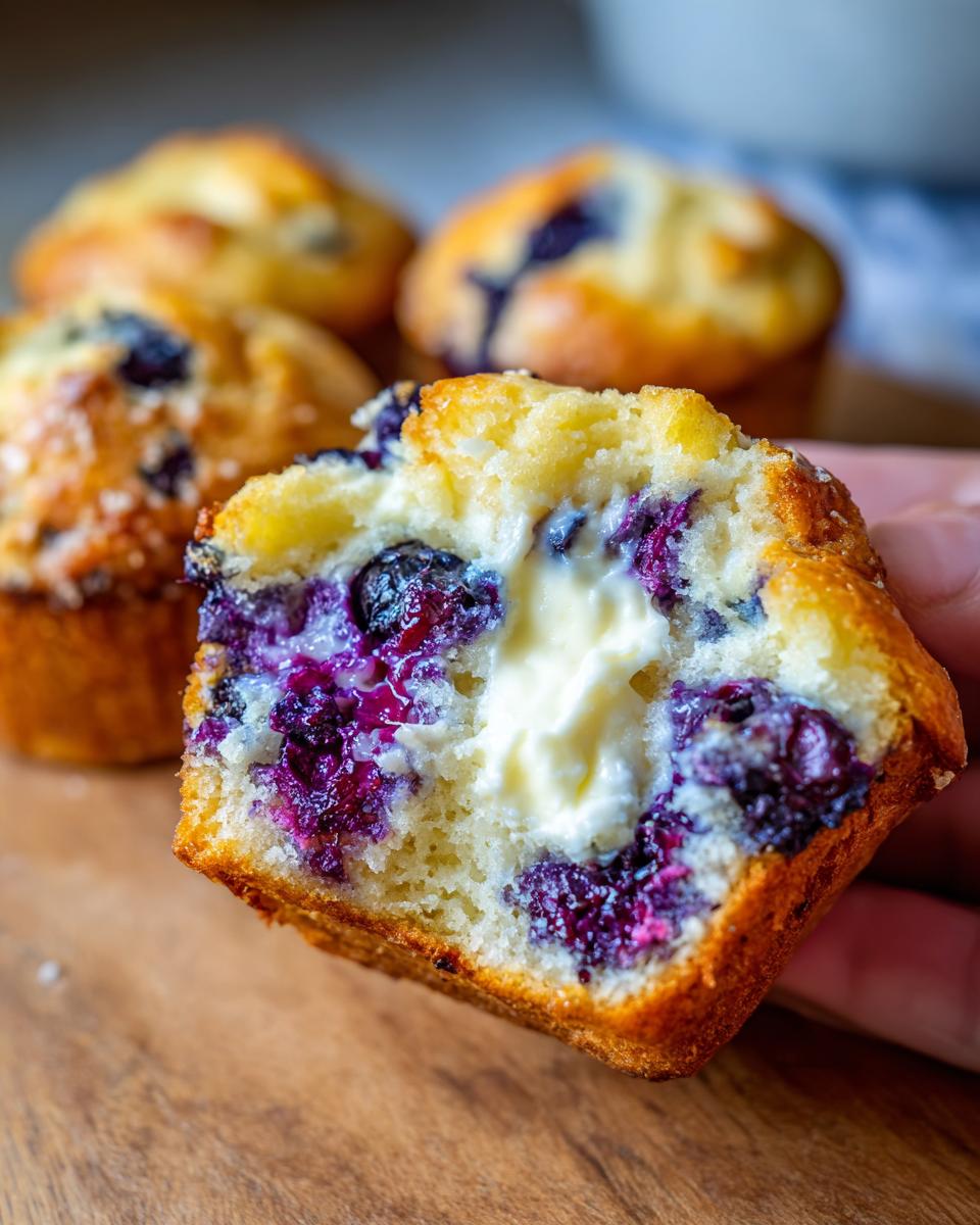 A hand holds a halved blueberry cream cheese muffin, showing the rich cream cheese center and burst blueberries.
