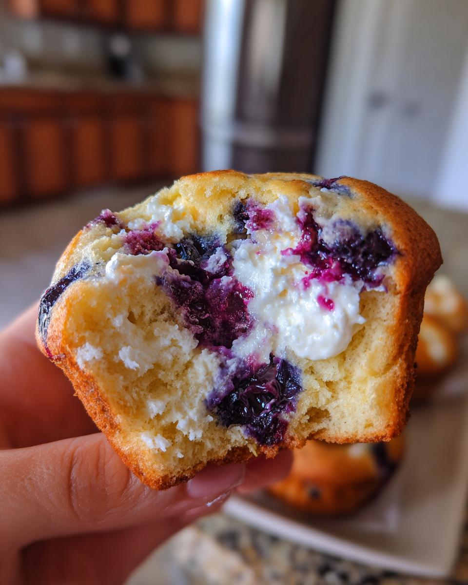 A hand holding a bitten blueberry cream cheese muffin, showing the moist cake and rich cream cheese filling.