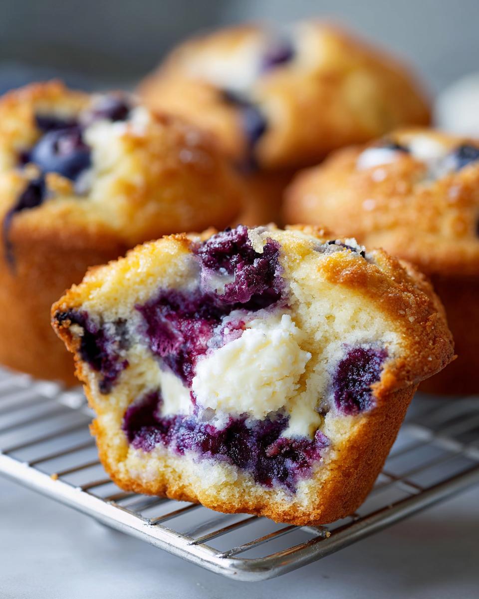 Close-up of a blueberry cream cheese muffins cut in half, showing the moist interior with a cream cheese filling and burst blueberries.