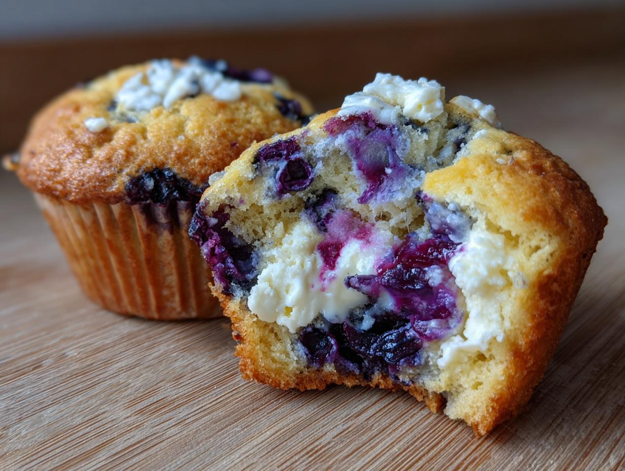 Close-up of a blueberry cream cheese muffin cut in half showing the rich cream cheese filling and blueberries.