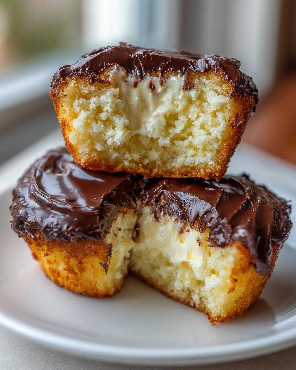 Two halves of a Boston Cream Pie Cupcakes stacked, showing the fluffy cake, vanilla cream filling, and chocolate ganache topping.