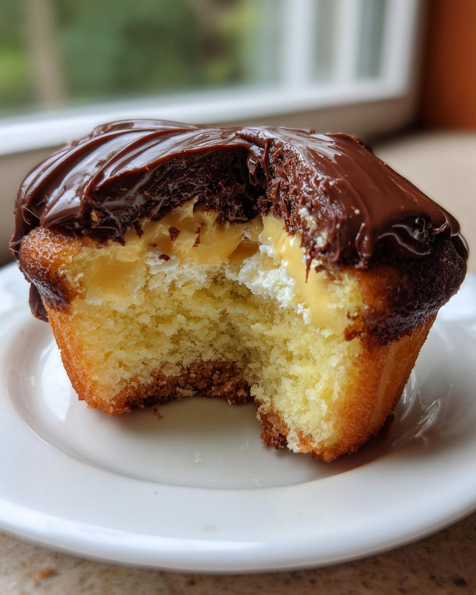 Close-up of a Boston Cream Pie Cupcakes with a bite taken, showing vanilla cake, cream filling, and chocolate ganache.