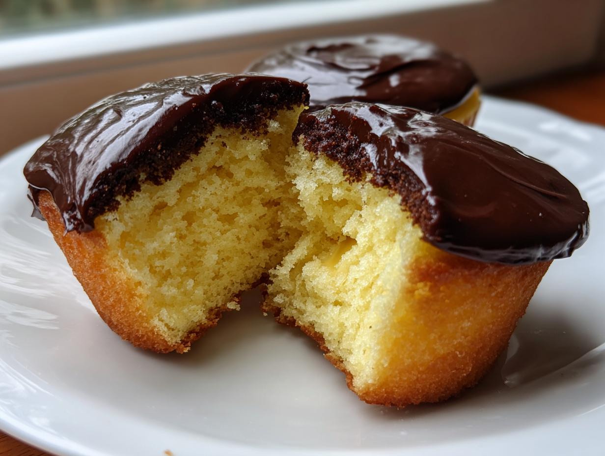 Close-up of a Boston Cream Pie Cupcakes cut in half showing the yellow cake interior and shiny chocolate frosting.