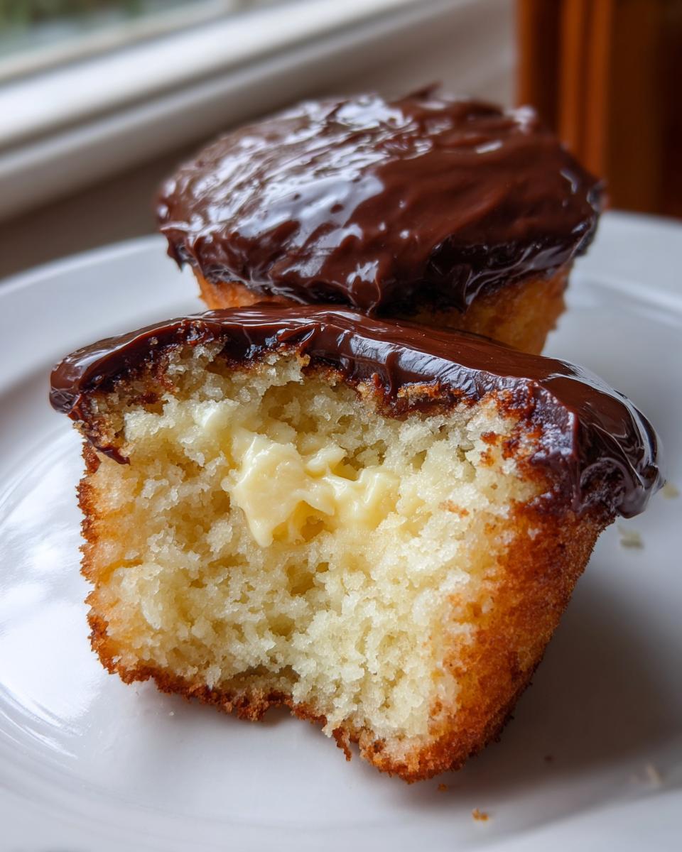 A close-up of two Boston cream pie cupcakes, one cut open revealing vanilla cream filling and topped with chocolate ganache.