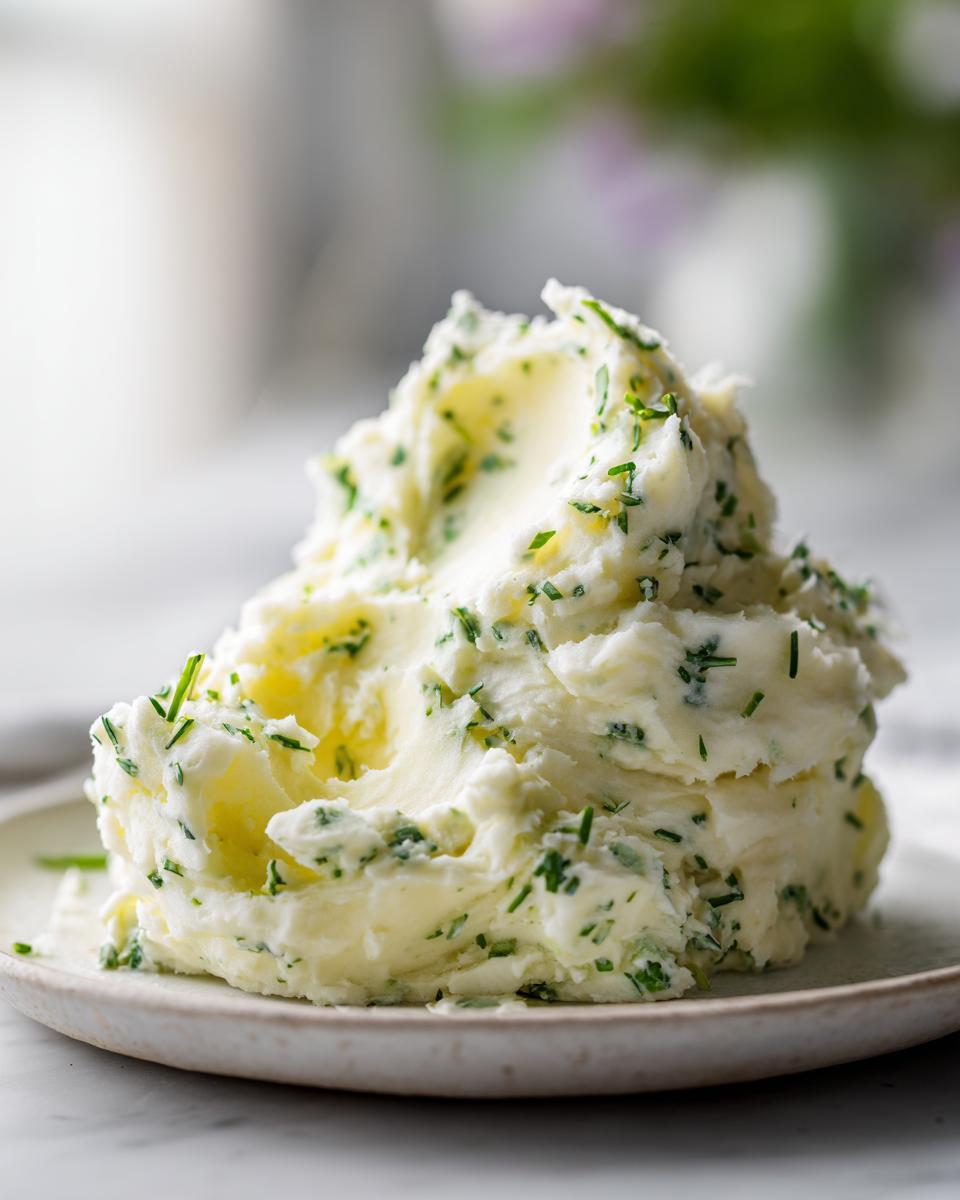 A generous serving of creamy boursin mashed potatoes mixed with fresh green chives, served on a small plate.