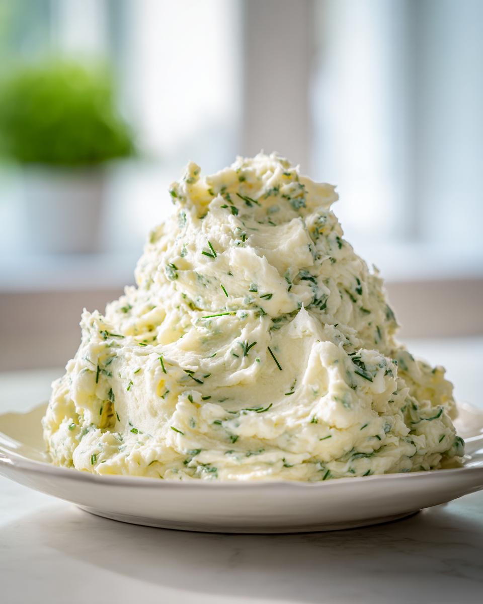 A large mound of creamy boursin mashed potatoes generously mixed with chopped green herbs, likely chives, served on a white plate.
