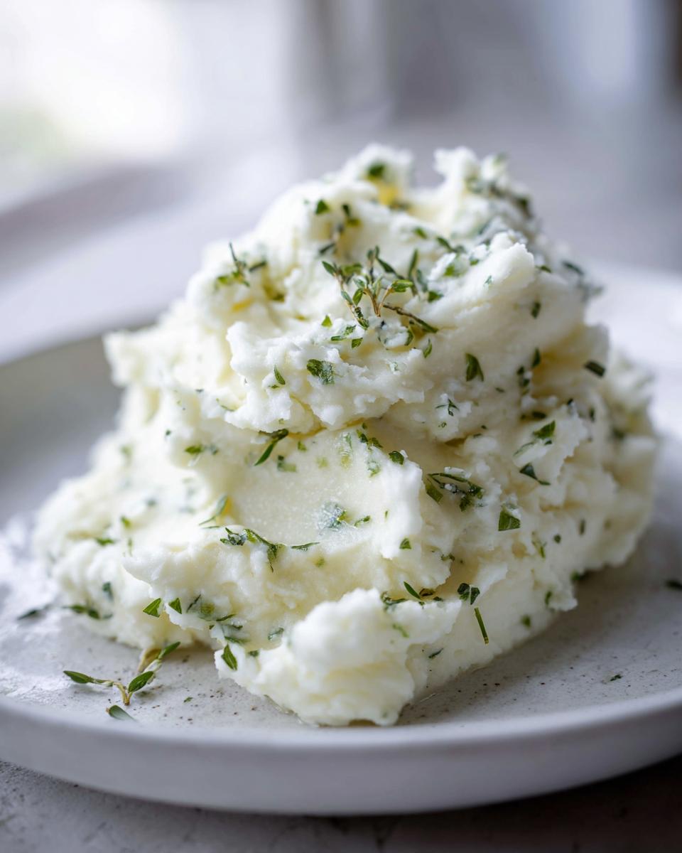 A mound of creamy, white boursin mashed potatoes topped generously with chopped fresh herbs and thyme sprigs.