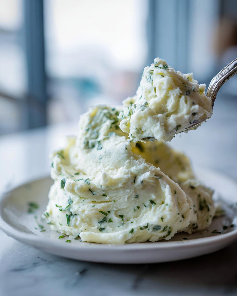 A spoonful of creamy boursin mashed potatoes mixed with green herbs being lifted from a serving on a white plate.