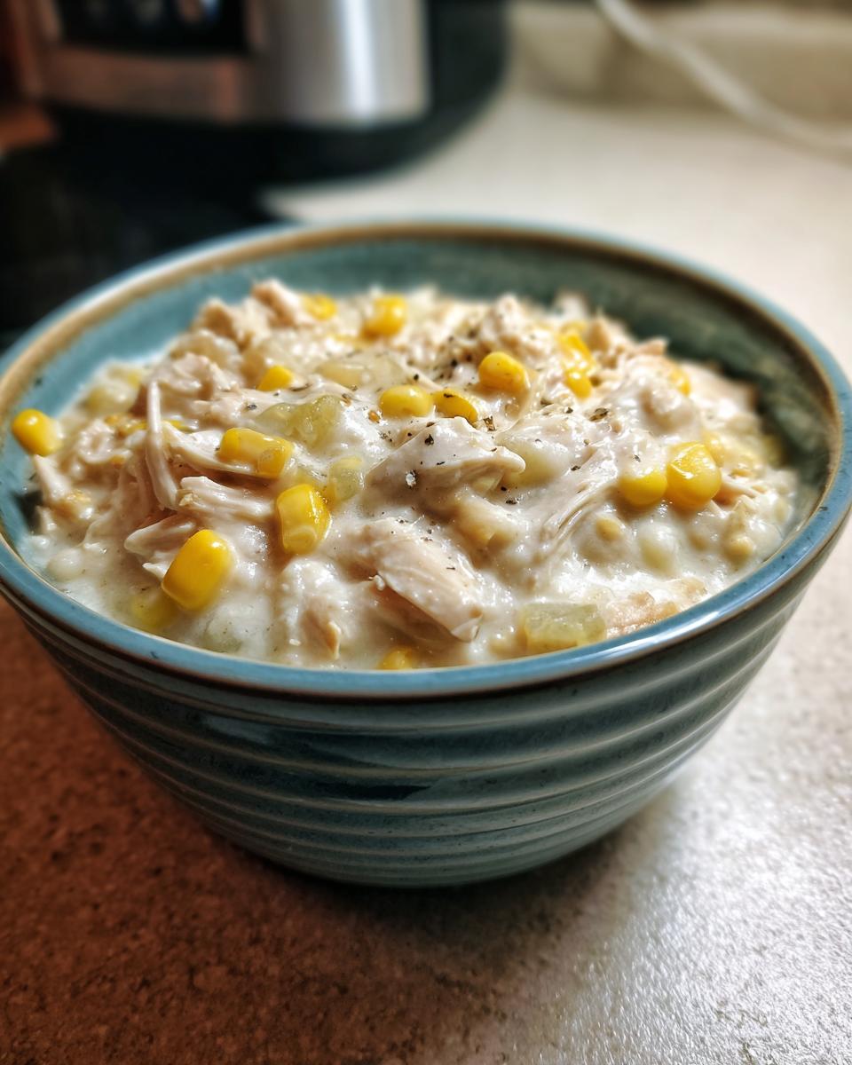 A close-up of a bowl of creamy white cream cheese chicken chili, topped with bright yellow corn kernels and black pepper.